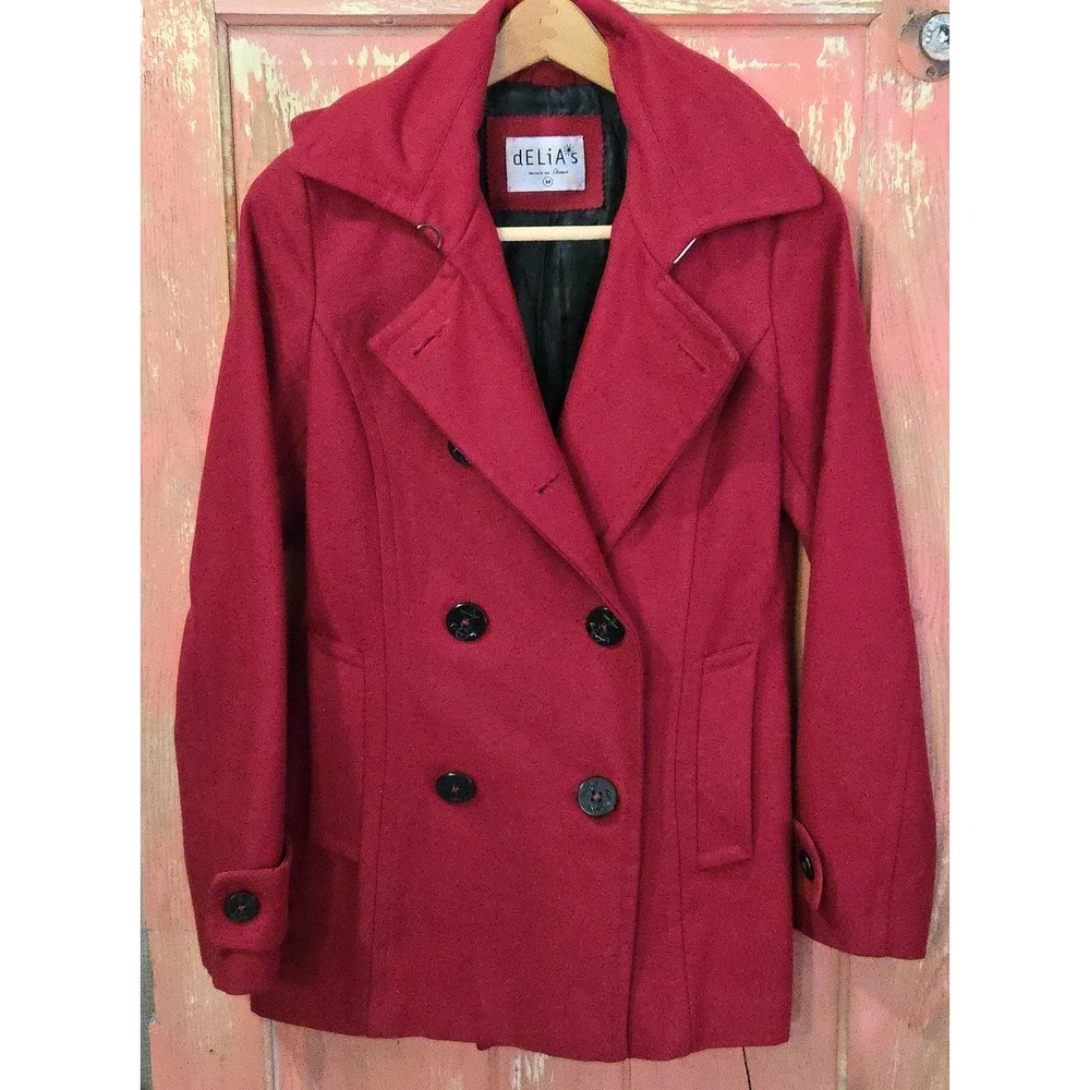 Vintage Delia's Red Wool Blend Double Breasted Peacoat Women's M Nautical Button